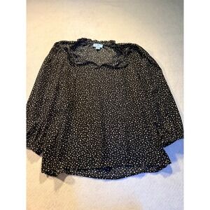 CeCe Polka Dot Ruffle Neck Long Sleeve Blouse Black White Size Large